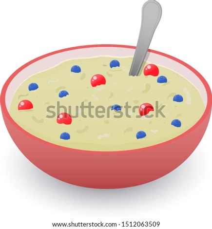 Vector drawing. Concept nutrition. Delicious and healthy breakfast of oatmeal porridge with blueberry and cranberries in ceramic bowl on white background