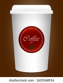 Vector drawing. Concept nutrition. Realistic of paper coffee cup  with cover white isolated on and brown background