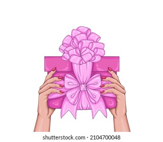 Vector drawing congratulations elegant woman hand. Woman Fashion model fingers with manicure long sharp nails holding pink gift boxes decorated ribbons and bows. Design print Festive greeting present