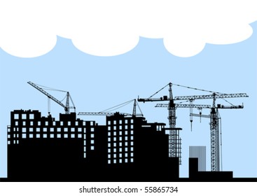 Vector drawing of construction of modern buildings and equipment