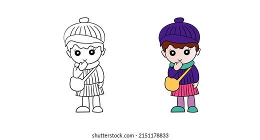 Dibujo vectorial de un contorno y en el color de una linda niña en una boina con un bolso.