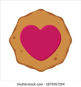 VECTOR drawing of Cookies with a heart of pink jelly. Flat illustration of snacks