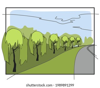 Vector drawing of a corner of the park. Walking path with trees