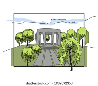 Vector drawing of a corner of the park. Walking path with trees. Park gazebo at the top of the hill