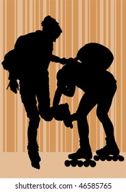 Vector drawing couple athletes on skates. Silhouette on white background