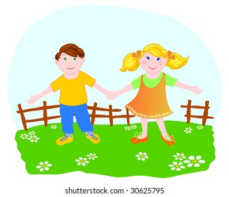 Vector drawing of a couple of children who are held by the hand