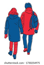 Vector drawing of couple citizens walking along street together