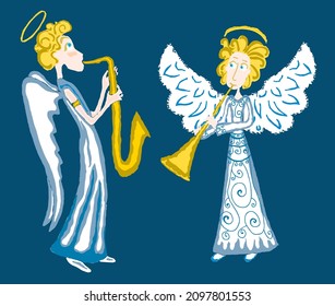 Dibujo vectorial de un par de lindos ángeles de dibujos animados tocando trompeta y saxofón