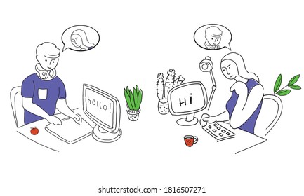 Dibujo vectorial de una pareja enamorada aislada. Comunicación a distancia y aprendizaje