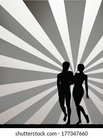 Vector drawing of couple silhouettes on walking position