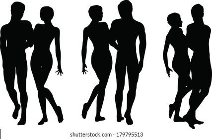 Vector Drawing Couple Silhouettes On Walking : image vectorielle de