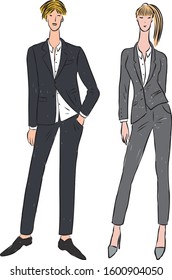 Vector drawing of couple young people in classical business costumes