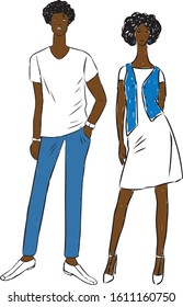 Vector drawing of couple young people in summer cotton jeans clothing