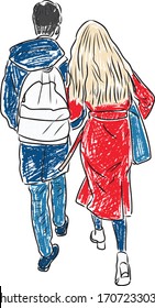 Vector drawing of couple young townspeople walking along street