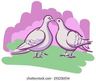 Vector drawing couples kissing doves on the background of the brush strokes