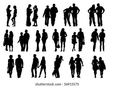 Vector drawing couples on the walk. Silhouettes on white background