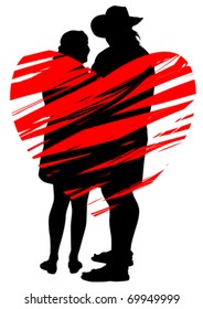 Vector drawing couples on walk. Silhouettes on white background