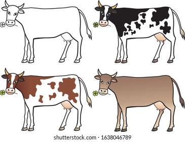 Vector drawing of cow in various colors. Outline, spotted and brown swiss.