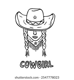 Vector drawing with a cowgirl and an inscription. Black and white doodle hand-drawn illustration. Linear sloppy drawing with a black pen