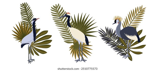 vector drawing crane birds and palm leaves, isolated nature design element, hand drawn illustration