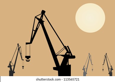 Vector drawing. Cranes at sunset