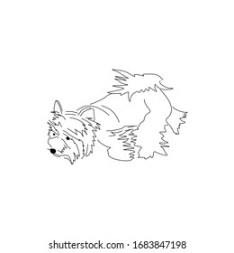 Vector drawing of a crawling and sniffing Yorkshire Terrier. Linear black and white sketch of a dog