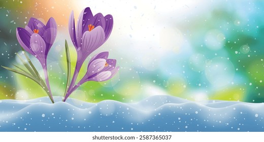 Vector drawing of crocuses in the snow, spring landscape, snowdrift and snow, primary flowers