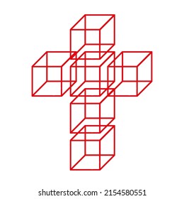 Vector drawing of a cross made of cubes, red color