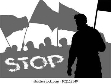 Vector drawing crowds with banners and flags