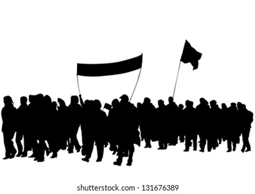 Vector drawing crowds with banners and flags
