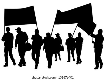 Vector drawing crowds with banners and flags