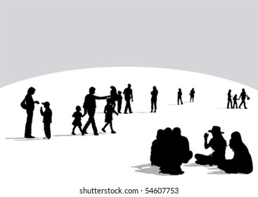 Vector drawing crowds on street. Silhouette on white background