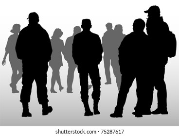 Vector drawing crowds people on street