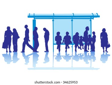 Vector drawing crowds at public transport stop