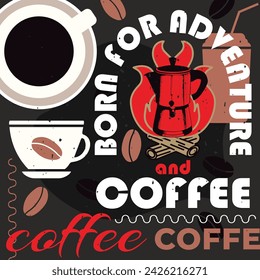 Vector drawing of a cup of coffee grains  set and lettering in red and white colors. Vector banner design of coffee on dark gray background. Vector drawing design elements.