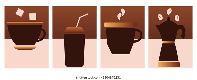 Vector drawing of a cup of coffee, coffee maker. A set of posters in a minimalist style in coffee tones on the theme of coffee. Design elements.