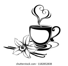 vector drawing cup with hot drink and vanilla flower