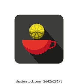 Vector drawing cup. Icon cup of tea with lemon, color red and yellow flat style