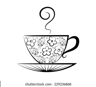 Vector drawing of cup on saucer. Cup of tea. Coffee cup. Flower and leaves. Freehand drawing.