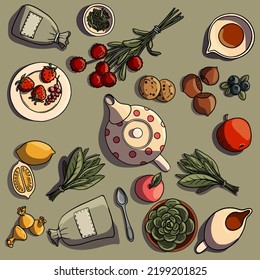 vector drawing cup, teapot, berries, flowers and cookies on the table, top view, hand drawn illustration, cartoon style
