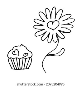 Dibujo vectorial de un quequito y una flor. Corazones en un pastel, amor. Un delicioso regalo para los amantes. Chamomile con corazón.