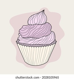 
Vector drawing of a cupcake in pastel colors drawn with lines