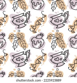 
Dibujo vectorial de quequitos y tazas sobre un fondo blanco con puntos abstractos.
El tipo de patrón y diseño del lado inverso de los textiles, cubiertas y embalajes.