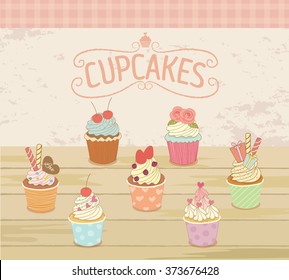 Vector drawing the cupcakes menu for bakery cafe.Pastel and pink colors tone.
