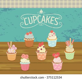 Vector drawing the cupcakes menu for bakery cafe.Pastel tone colors and aqua color background.