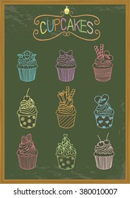 Vector drawing cupcakes menu on blackboard.