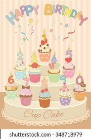 Vector drawing cupcakes with number candles in the birthday party.Pastel color tone..