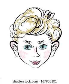 Vector drawing of curly head of boy.