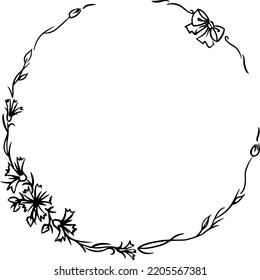 vector drawing, curly wreath of flowers and branches with leaves 