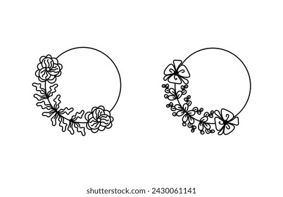 Vector drawing, curly wreath of flowers and branches with leaves